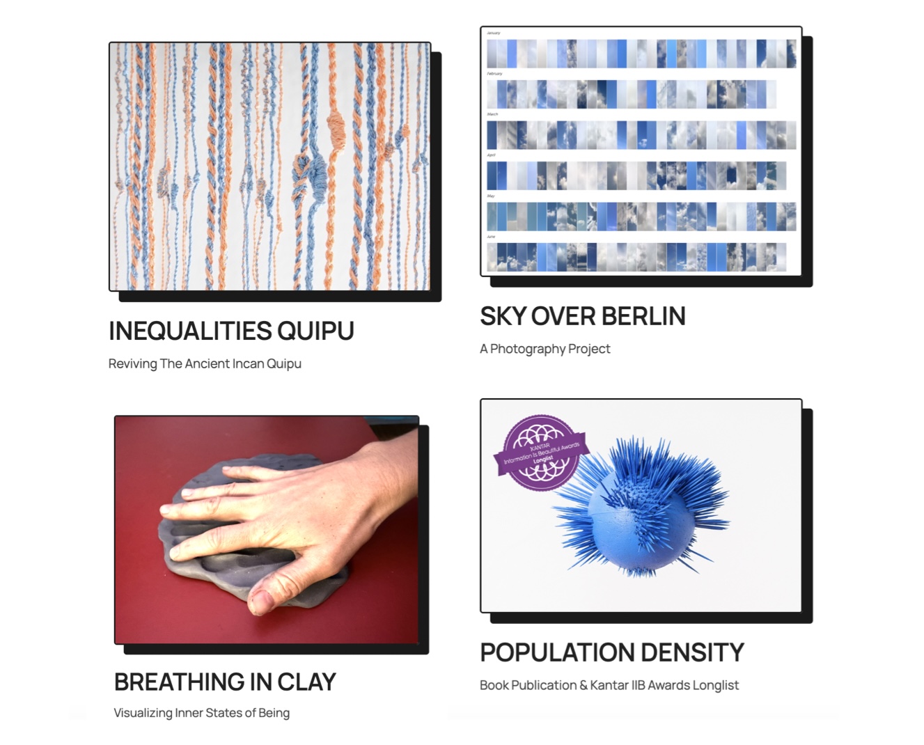 Four data-art projects: a quipu textile, Berlin sky photography, clay work and a blue 3D form.