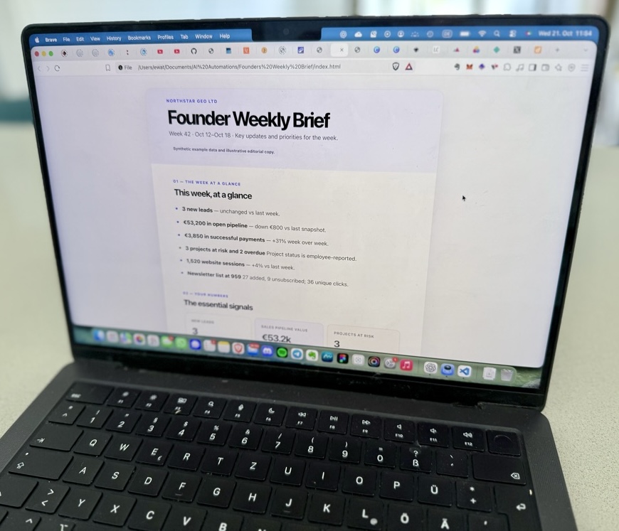Laptop displaying a Founder Weekly Brief with project updates and key metrics.